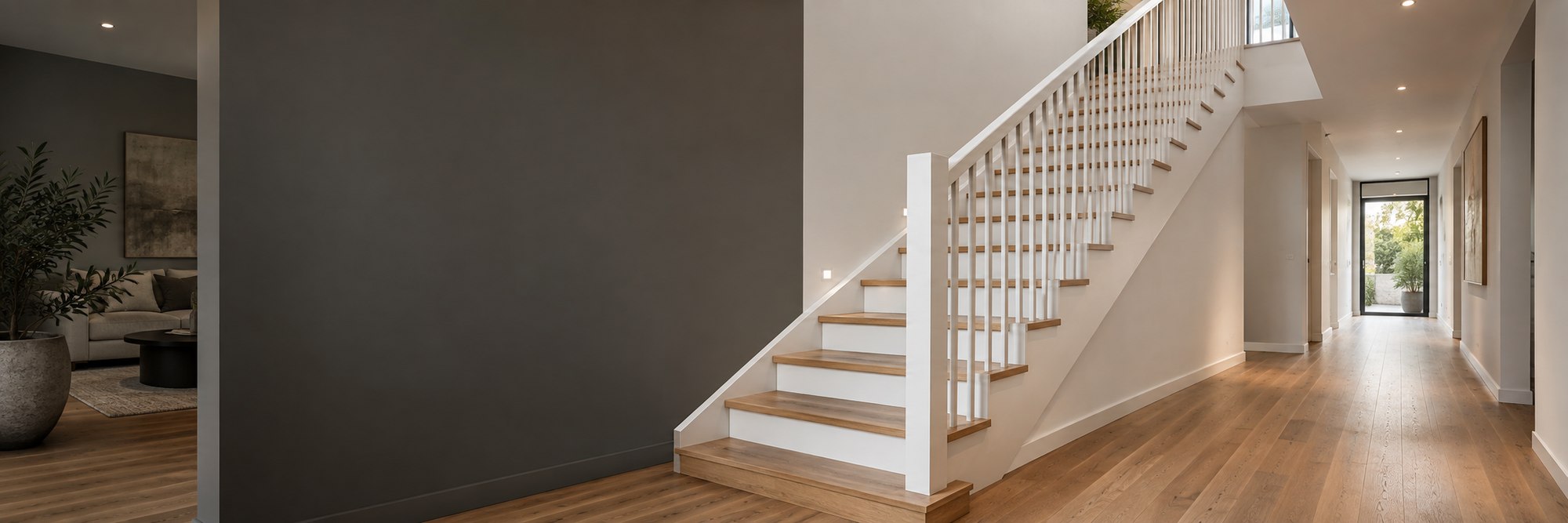 Illustrative white staircase with timber treads and a hallway
